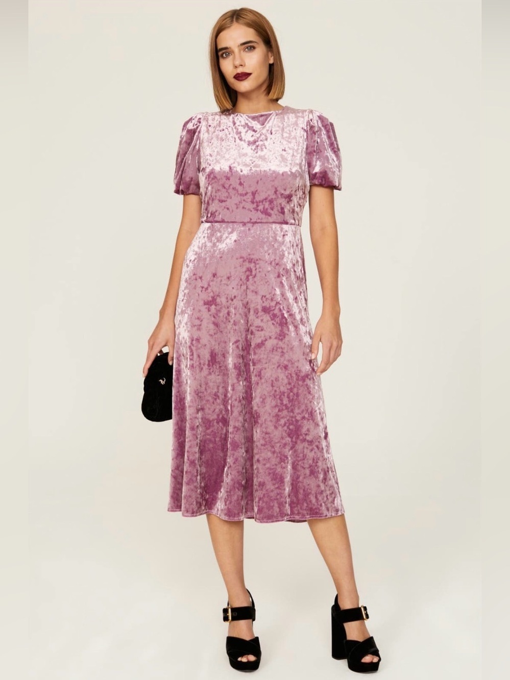 Donna Morgan Velvet Tie Back Midi Dress 10 Purple Crushed Large Puff Sleeve Pink